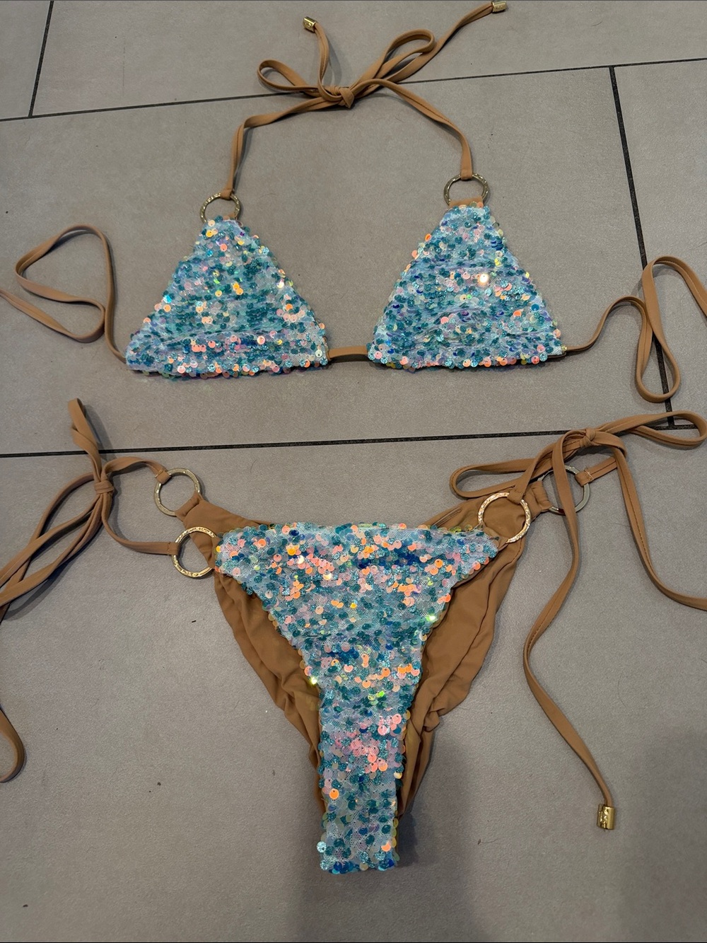 Beach Bunny Sequin Bikini in Aqua and Tan
